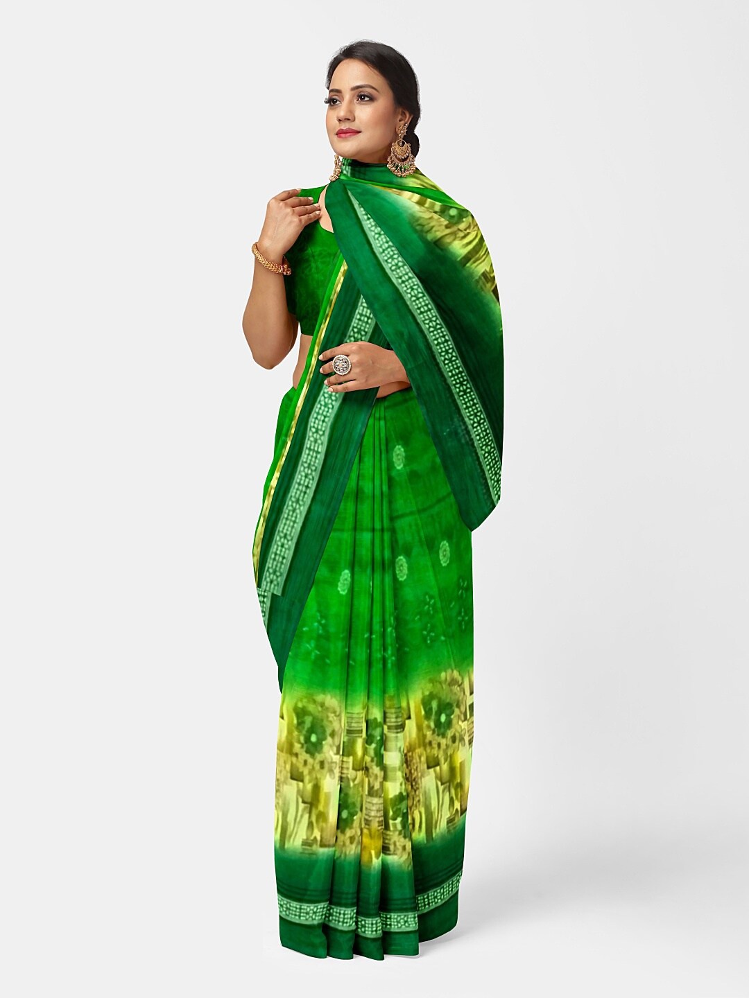 KALINI Green & Yellow Floral Pure Georgette Fusion Dharmavaram Saree