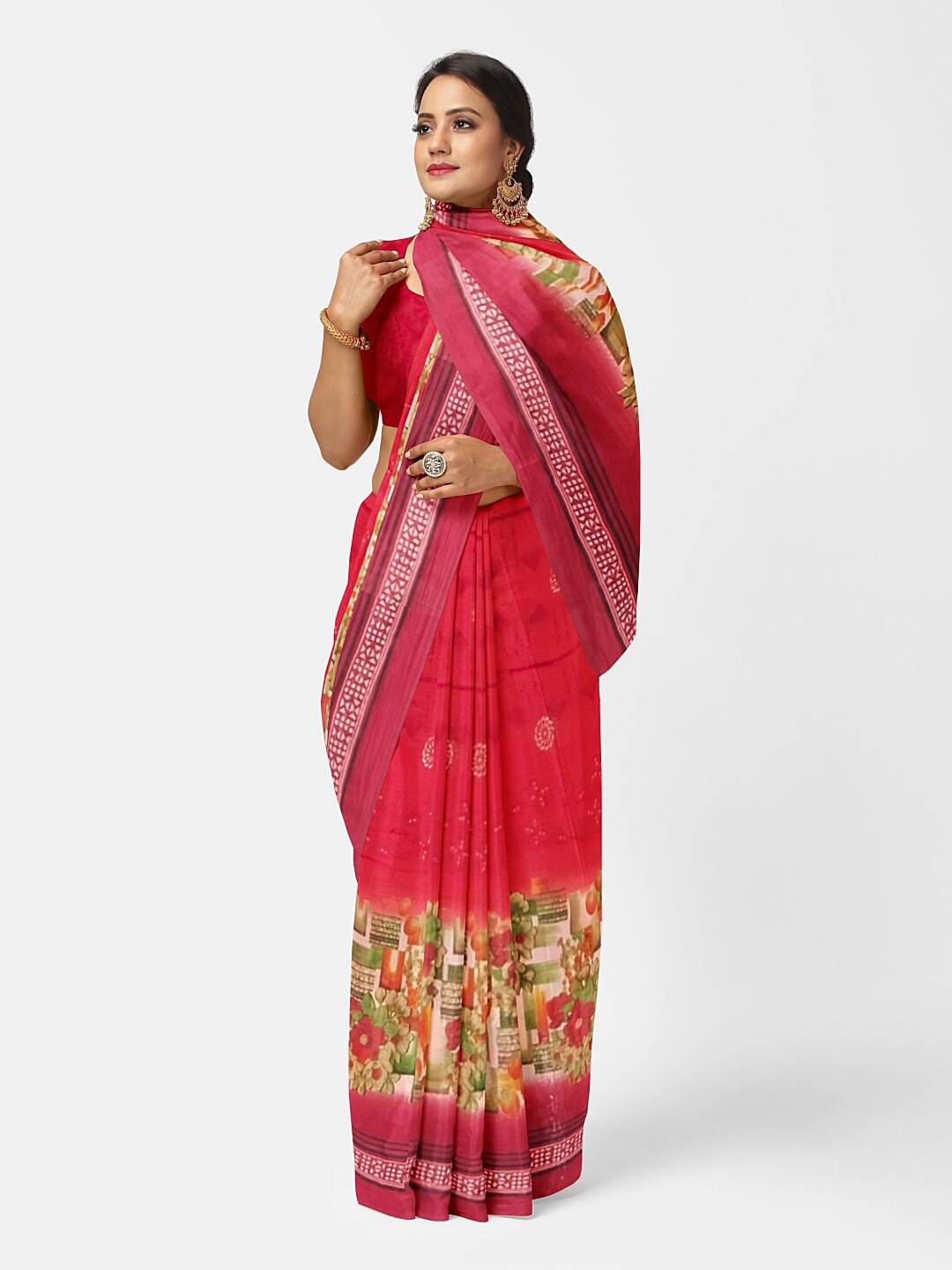 

Florence Peach-Coloured & Green Floral Pure Georgette Fusion Dharmavaram Saree
