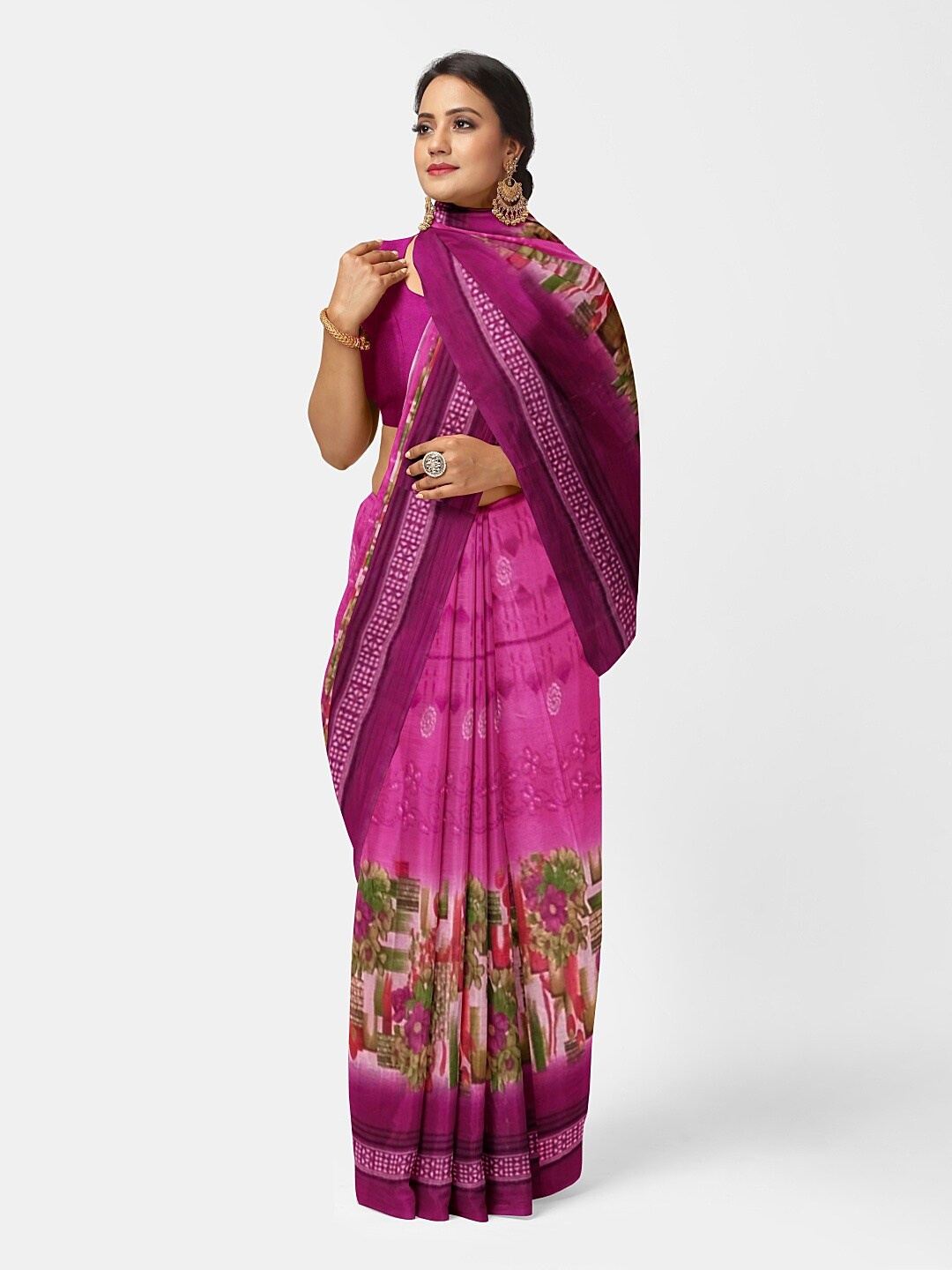 

Florence Pink & Green Floral Pure Georgette Dharmavaram Saree