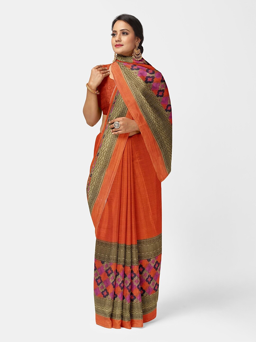 

Florence Orange & Beige Ethnic Motifs Pure Georgette Fusion Dharmavaram Saree