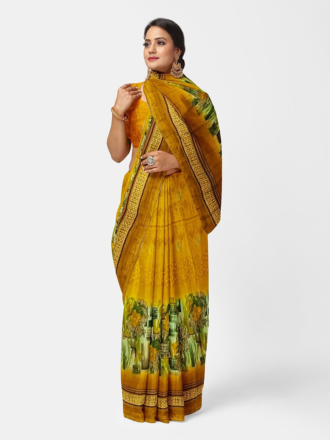 

Florence Yellow & Green Floral Pure Georgette Dharmavaram Saree