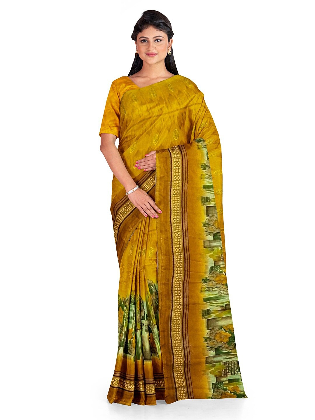 

SAADHVI Yellow & Green Floral Pure Georgette Dharmavaram Saree