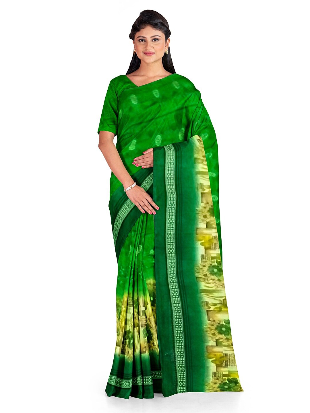 SAADHVI Green & Beige Floral Pure Georgette Dharmavaram Saree