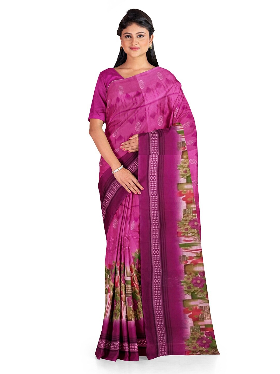 

SAADHVI Pink & Green Floral Pure Georgette Saree