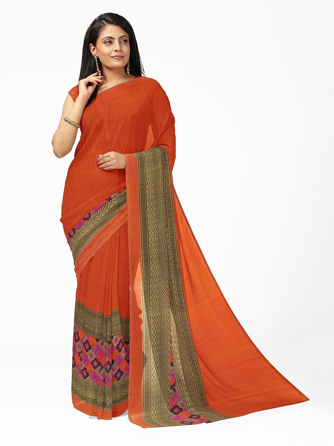 

SAADHVI Orange & Beige Ethnic Motifs Pure Georgette Fusion Dharmavaram Saree