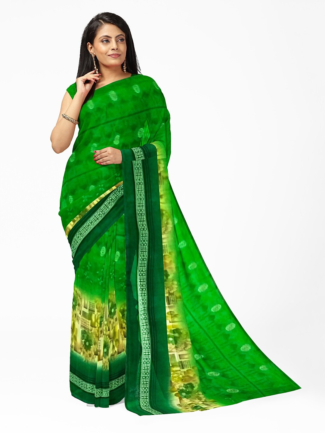 SAADHVI Green & Beige Ethnic Motifs Pure Georgette Dharmavaram Saree