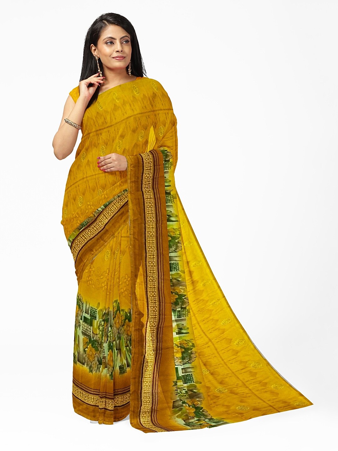 

SAADHVI Yellow & Green Pure Georgette Fusion Dharmavaram Saree