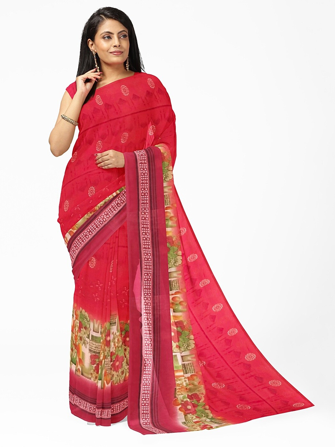 

SAADHVI Peach-Coloured & Green Floral Pure Georgette Fusion Dharmavaram Saree