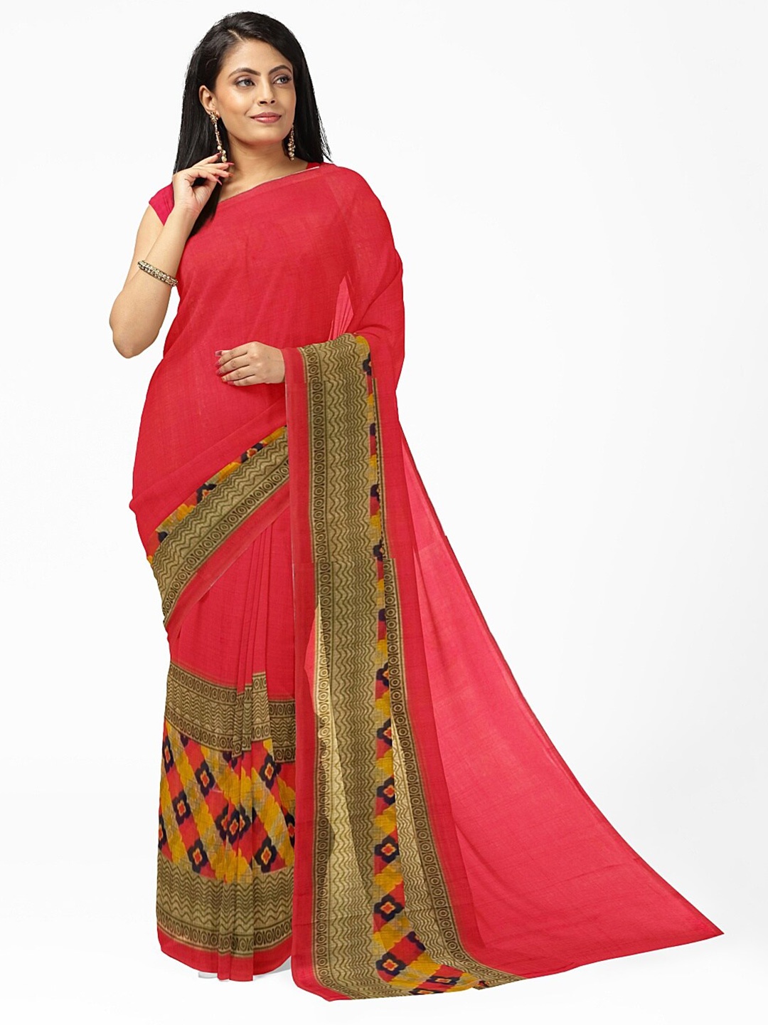

SAADHVI Peach-Coloured & Beige Ethnic Motifs Pure Georgette Dharmavaram Saree