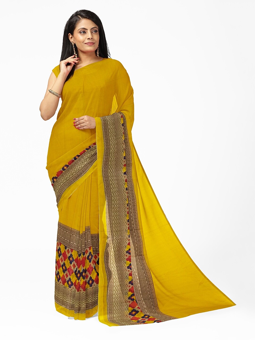 

SAADHVI Yellow & Navy Blue Ethnic Motifs Pure Georgette Dharmavaram Saree