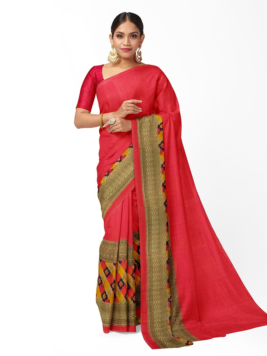

SAADHVI Peach-Coloured & Brown Ethnic Motifs Pure Georgette Fusion Dharmavaram Saree