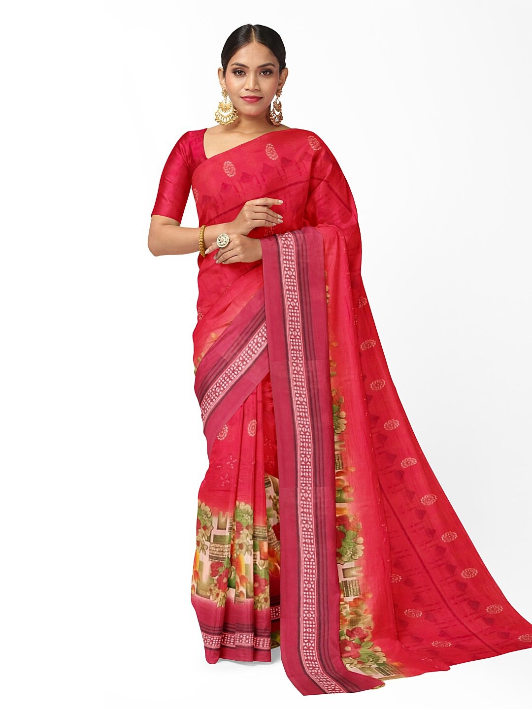 

SAADHVI Peach & Green Floral Printed Pure Georgette Dharmavaram Saree
