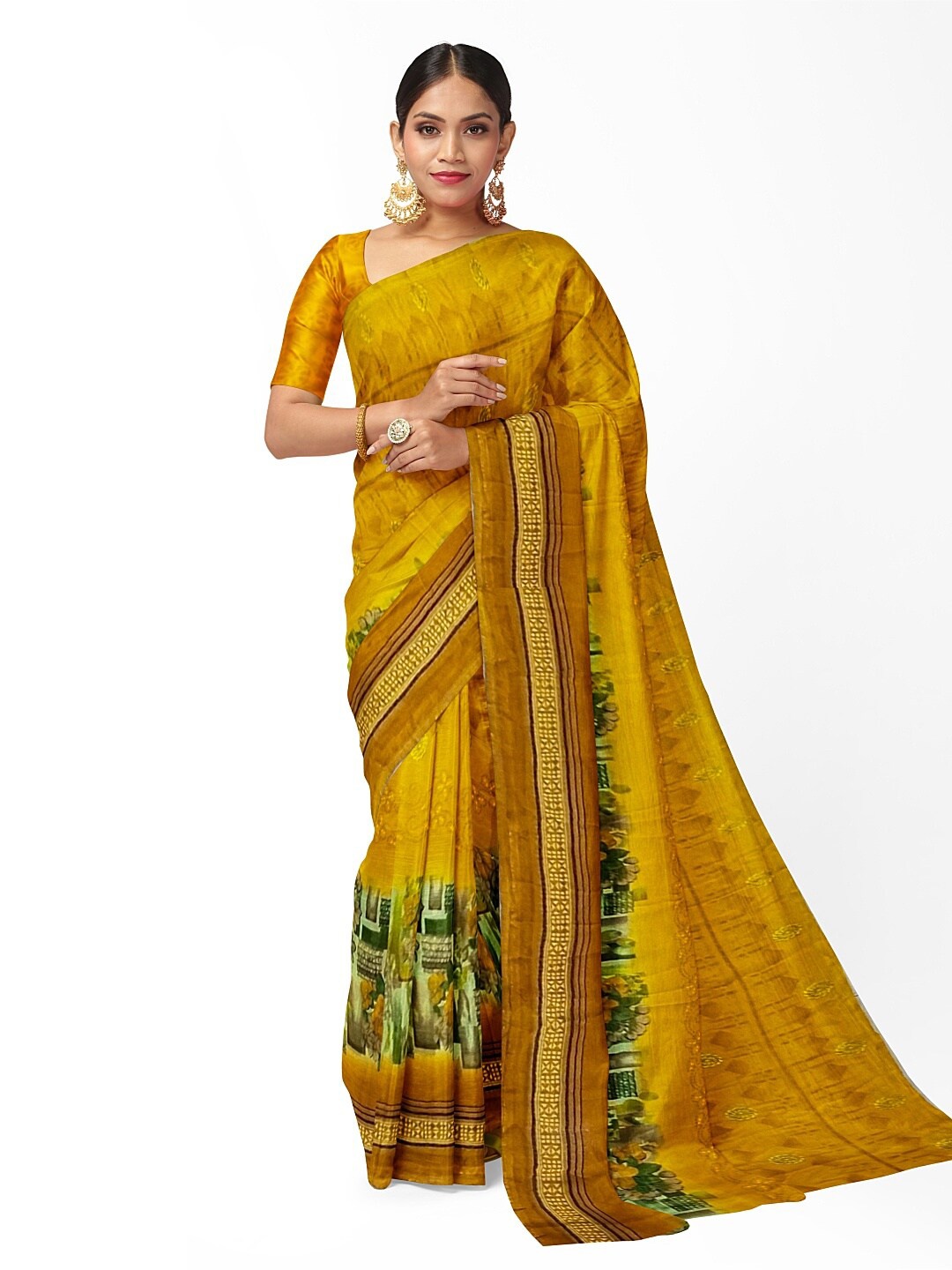 

SAADHVI Yellow & Green Floral Pure Georgette Fusion Dharmavaram Saree