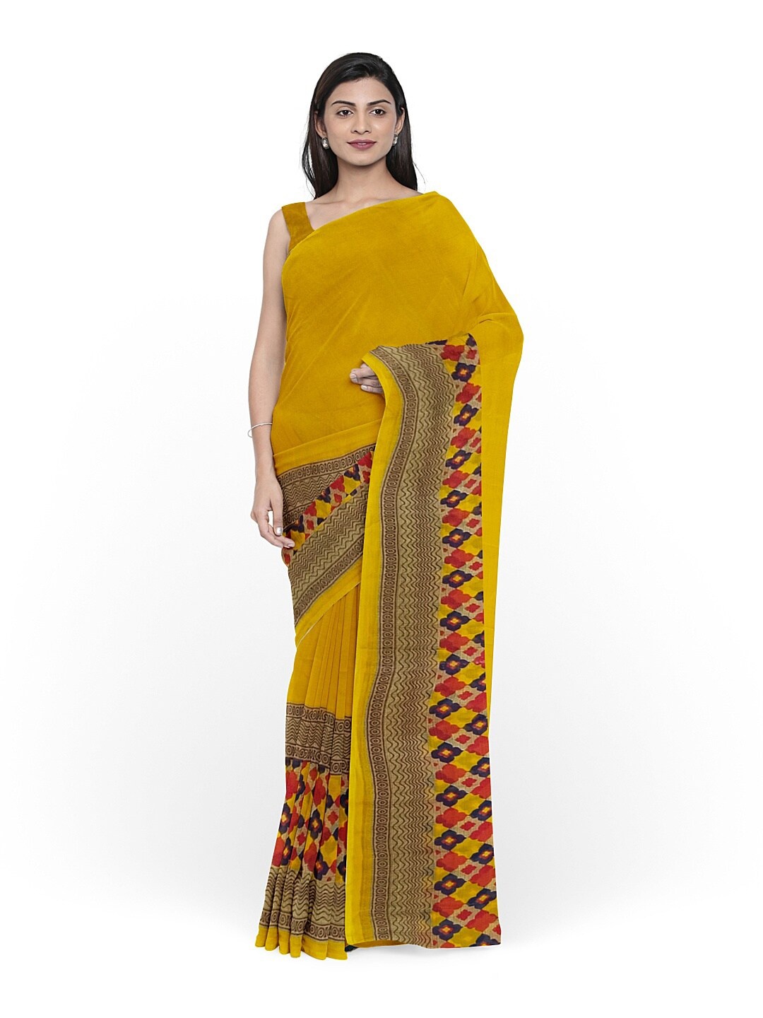

SAADHVI Yellow & Beige Ethnic Motifs Pure Georgette Fusion Dharmavaram Saree