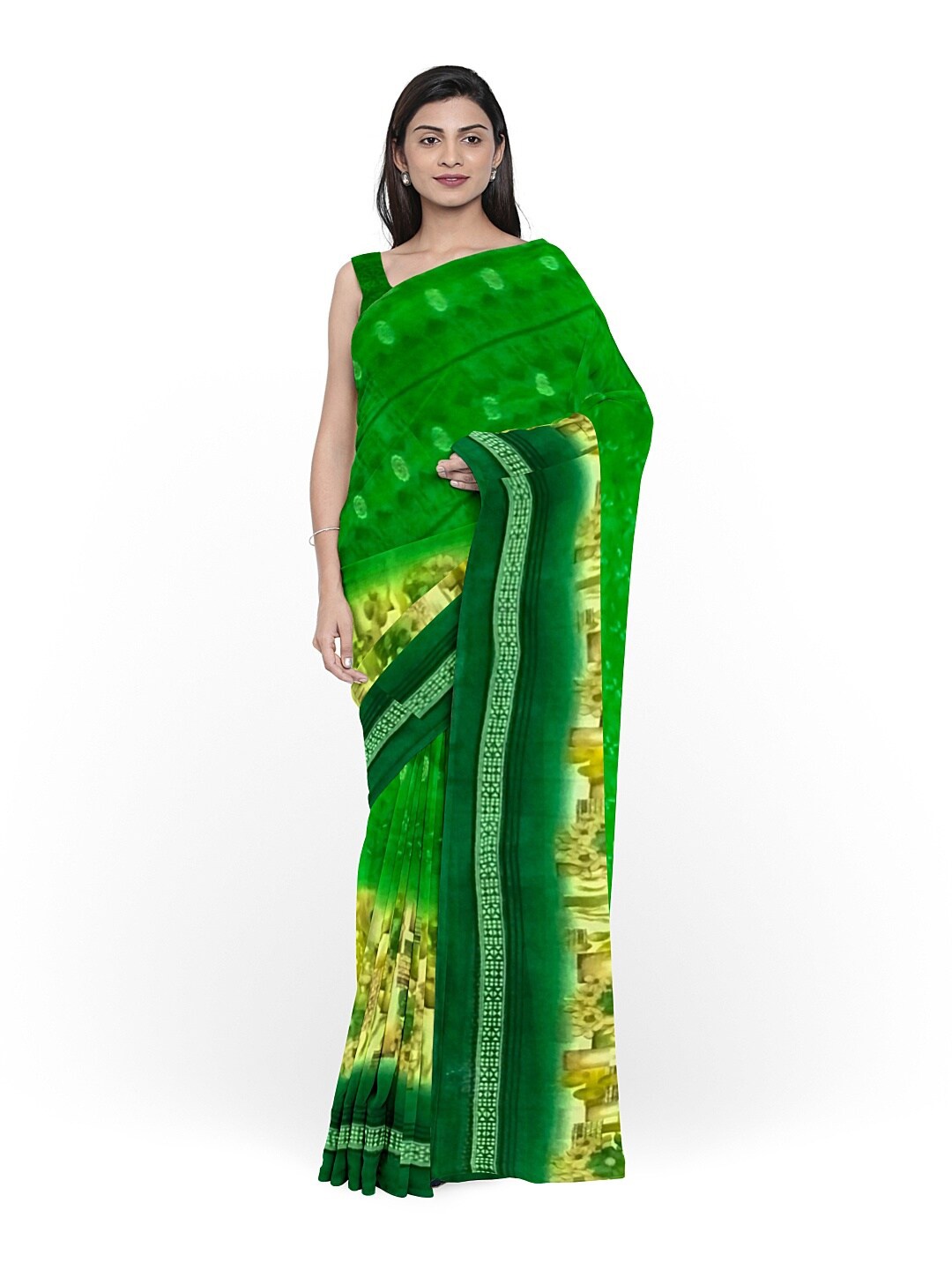 

SAADHVI Green & Beige Floral Printed Pure Georgette Saree