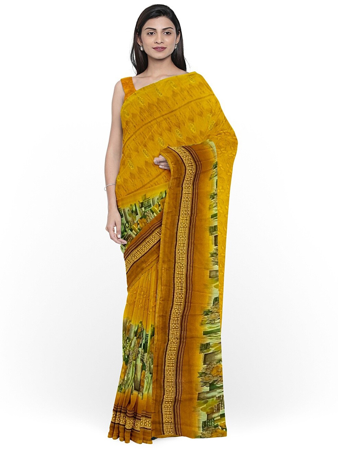

SAADHVI Yellow & Green Floral Printed Pure Georgette Dharmavaram Saree
