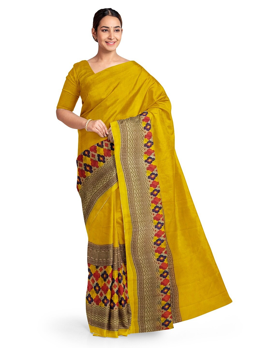 

SAADHVI Yellow & Red Ethnic Motifs Pure Georgette Fusion Dharmavaram Saree