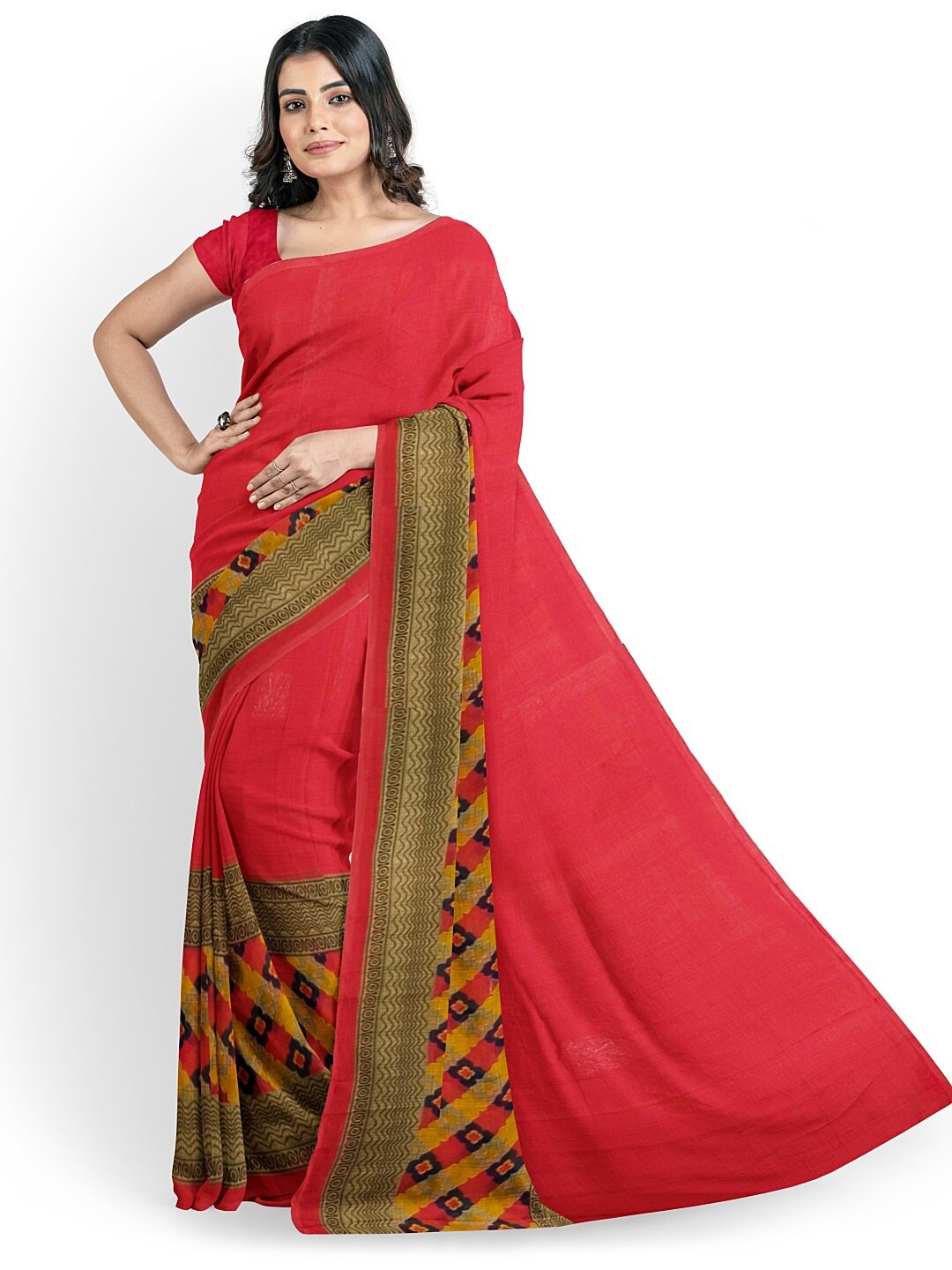 

SAADHVI Peach-Coloured & Yellow Ethnic Motifs Printed Pure Georgette Saree
