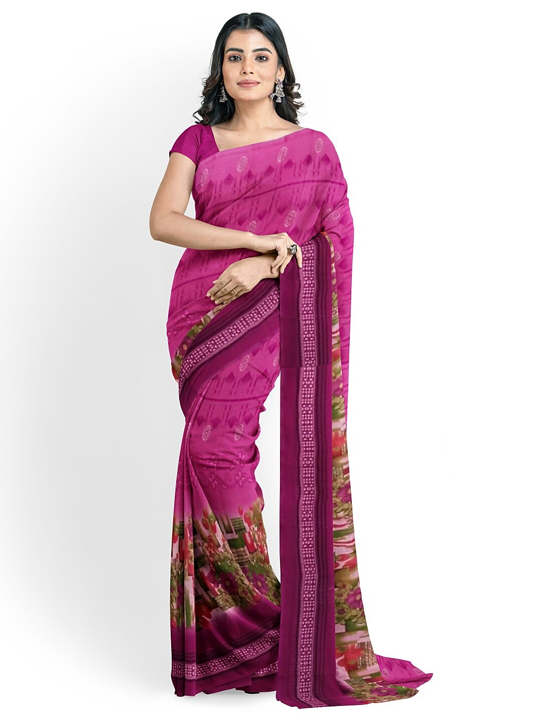 

SAADHVI Pink & Green Floral Pure Georgette Fusion Dharmavaram Saree