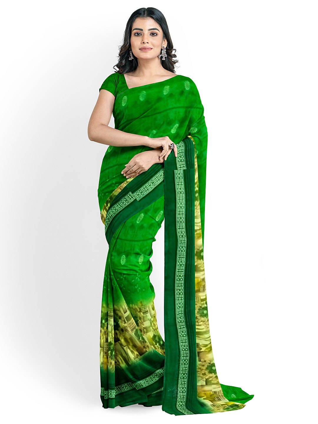 

SAADHVI Green & Beige Floral Pure Georgette Dharmavaram Saree