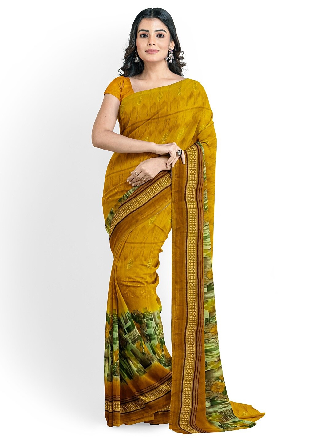 

SAADHVI Yellow & Green Floral Printed Pure Georgette Saree