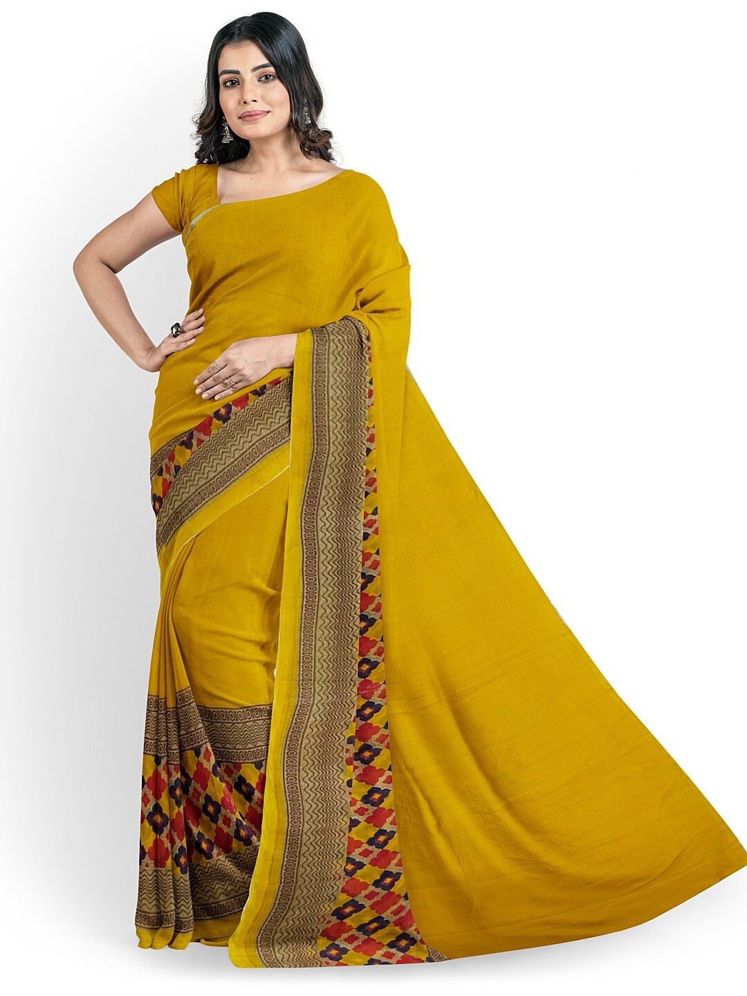 

SAADHVI Yellow & Beige Ethnic Motifs Pure Georgette Dharmavaram Saree