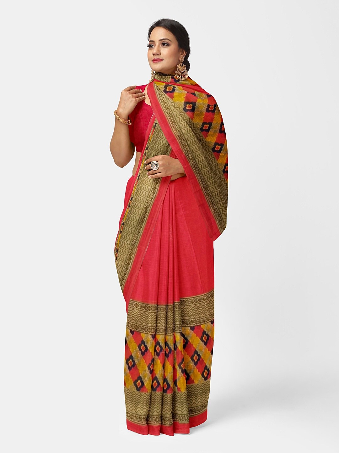

SAADHVI Peach-Coloured & Beige Ethnic Motifs Pure Georgette Dharmavaram Saree
