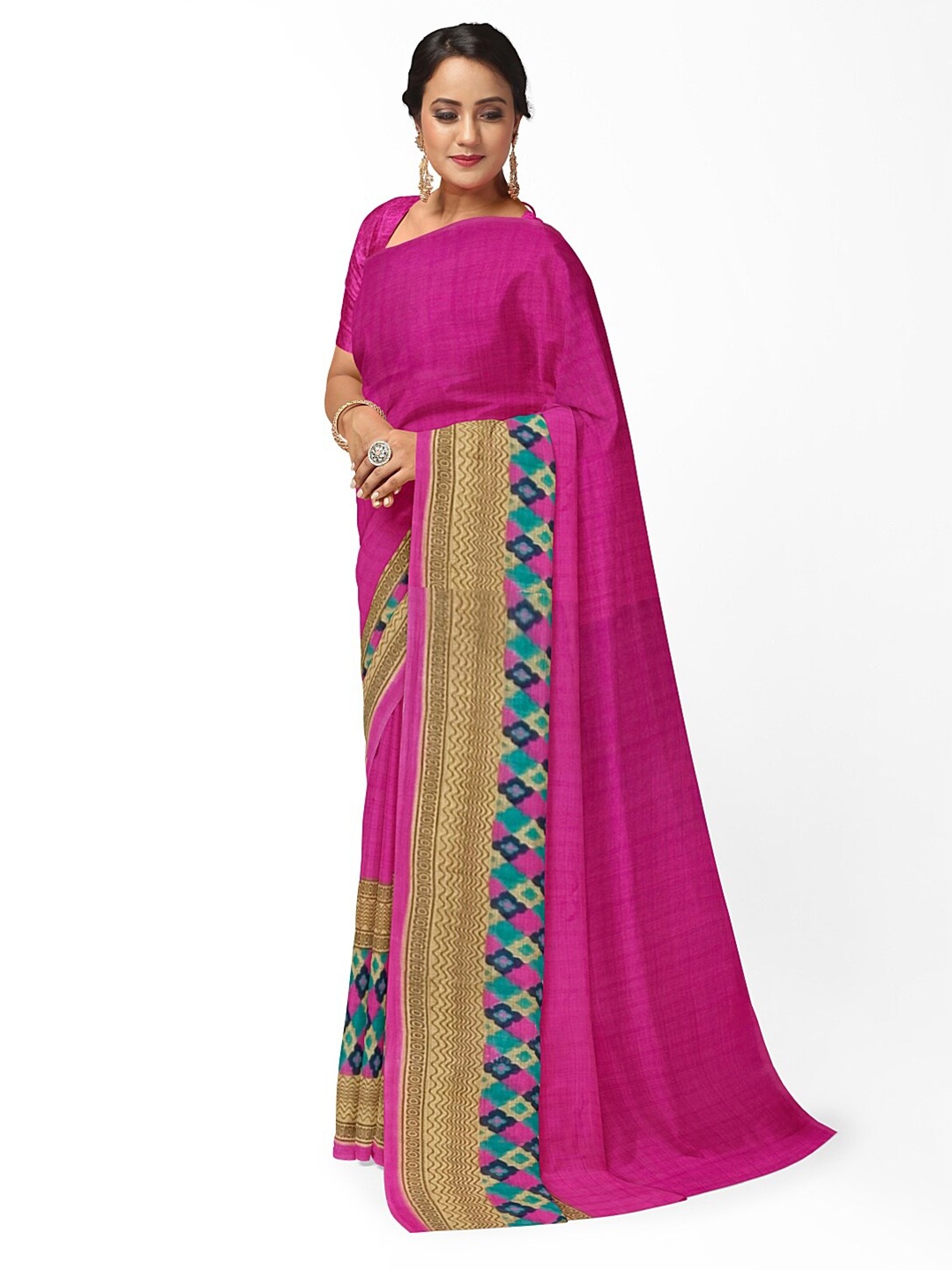 

SAADHVI Pink & Blue Ethnic Motifs Printed Pure Georgette Saree