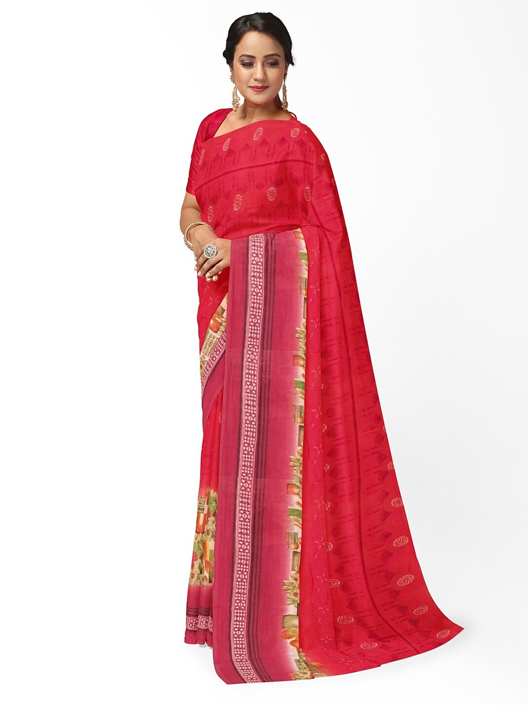 

SAADHVI Peach-Coloured & Green Floral Printed Pure Georgette Saree