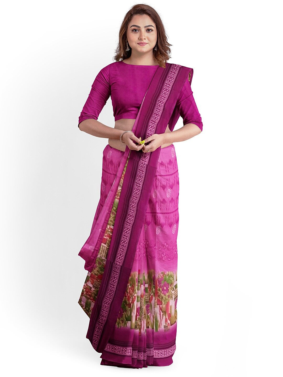 

SAADHVI Pink & Green Floral Pure Georgette Dharmavaram Saree