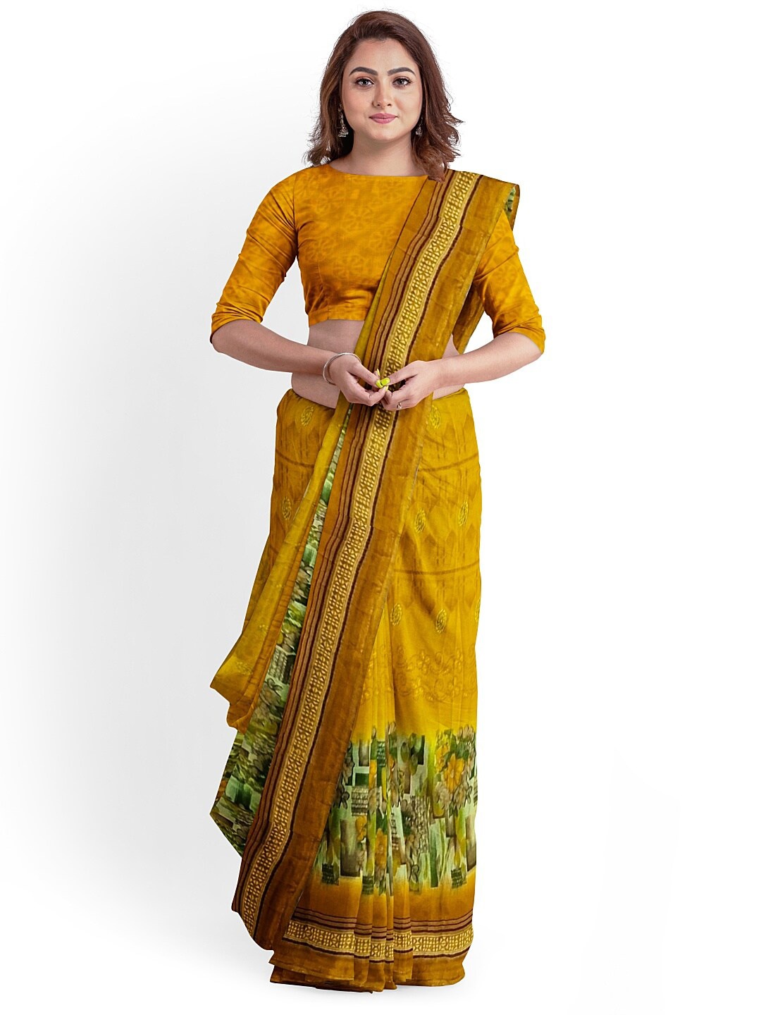 

SAADHVI Yellow & Green Floral Printed Pure Georgette Saree