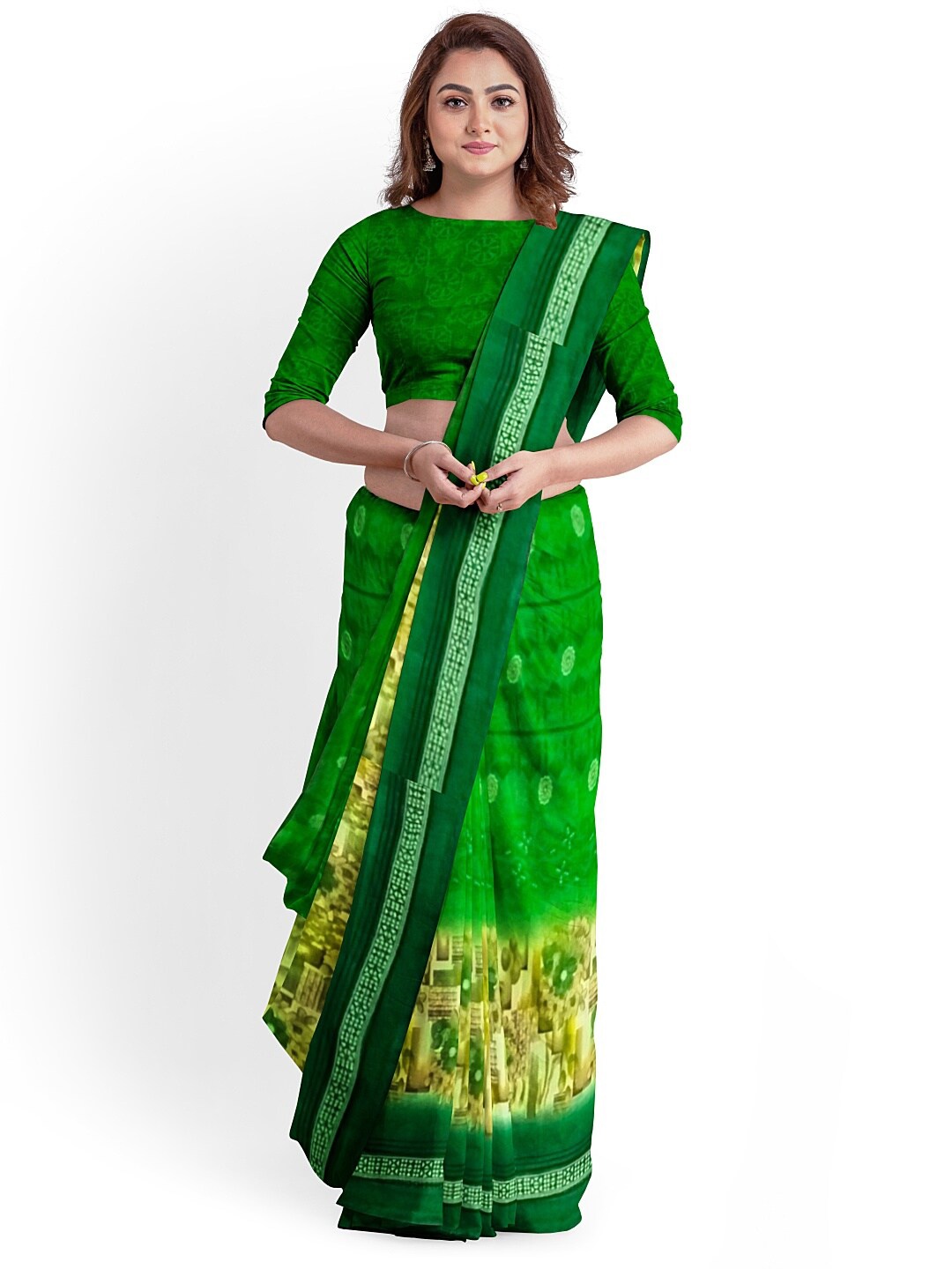

SAADHVI Green & Yellow Floral Pure Georgette Fusion Saree