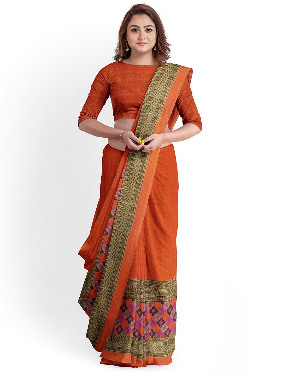 

SAADHVI Orange & Lavender Ethnic Motifs Pure Georgette Fusion Dharmavaram Saree