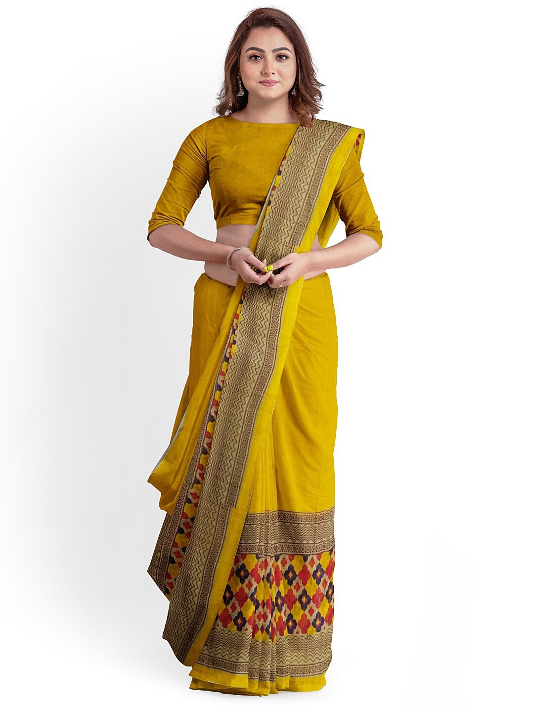 

SAADHVI Yellow & Beige Ethnic Motifs Printed Pure Georgette Saree