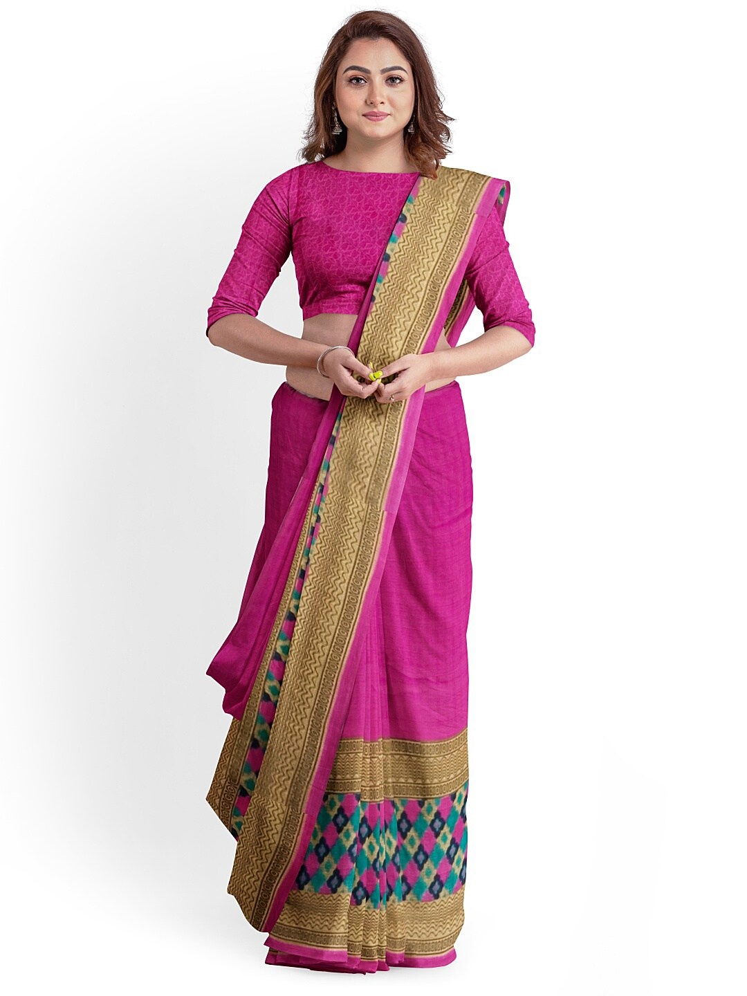 

SAADHVI Pink & Beige Ethnic Motifs Pure Georgette Dharmavaram Saree