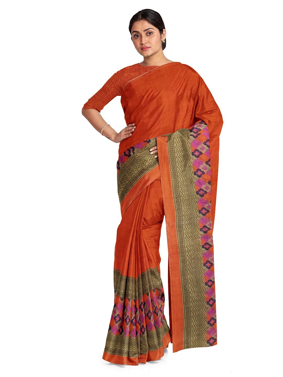 

SAADHVI Orange & Navy Blue Ethnic Motifs Pure Georgette Fusion Saree