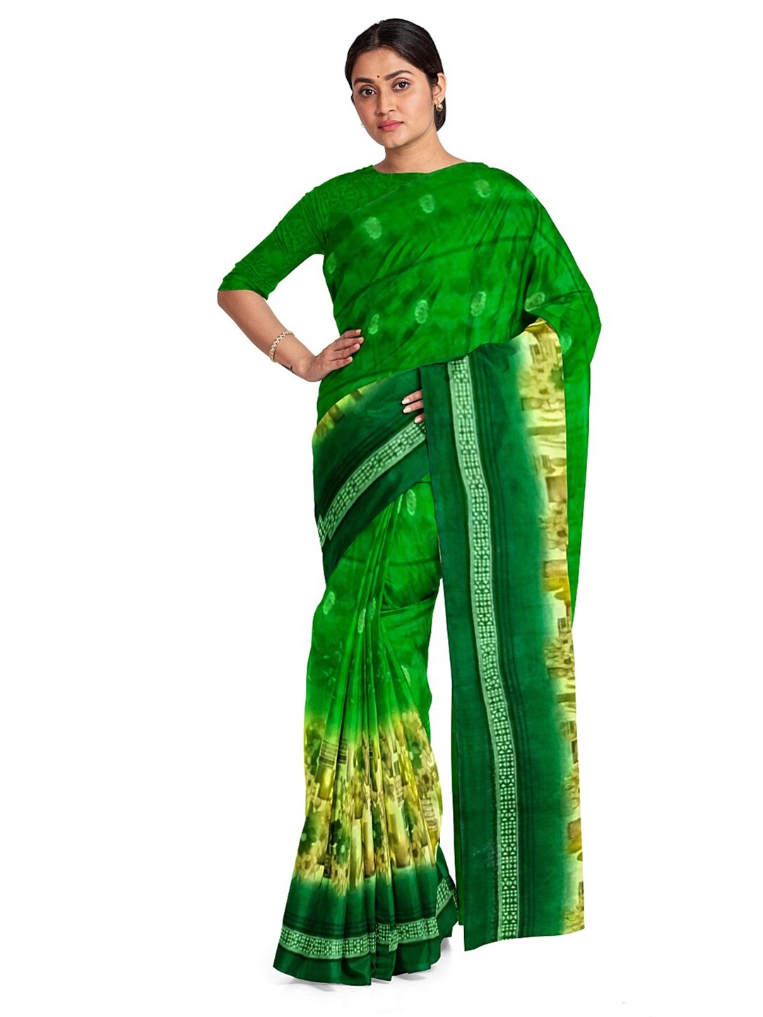 

SAADHVI Green & Beige Floral Pure Georgette Fusion Dharmavaram Saree