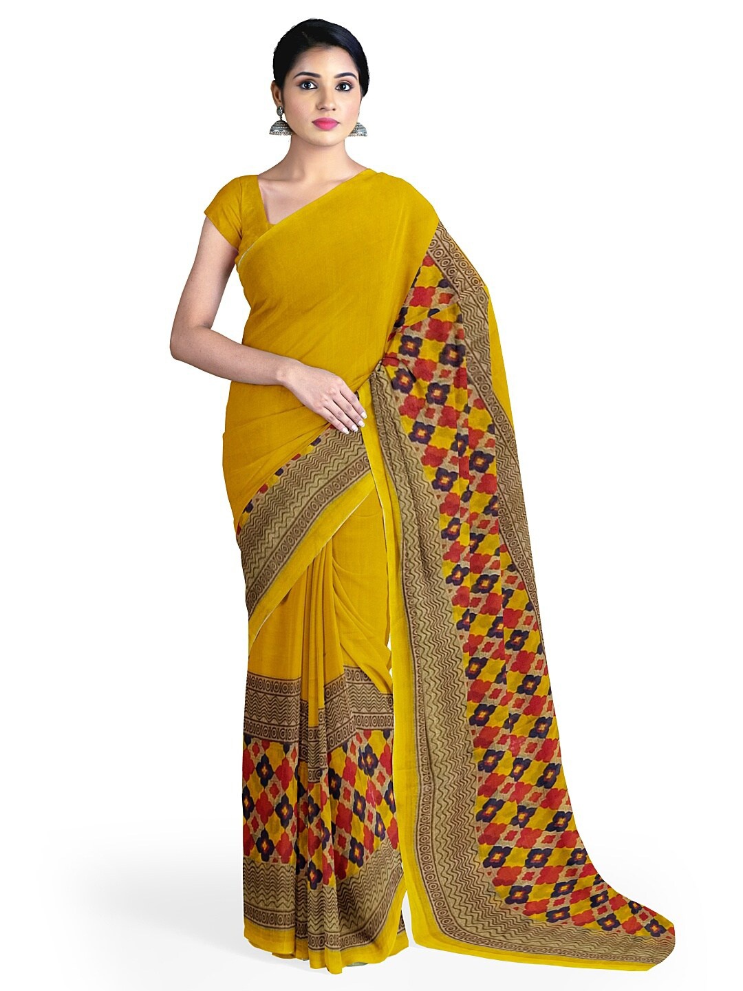 

SAADHVI Yellow & Beige Ethnic Motifs Pure Georgette Fusion Dharmavaram Saree
