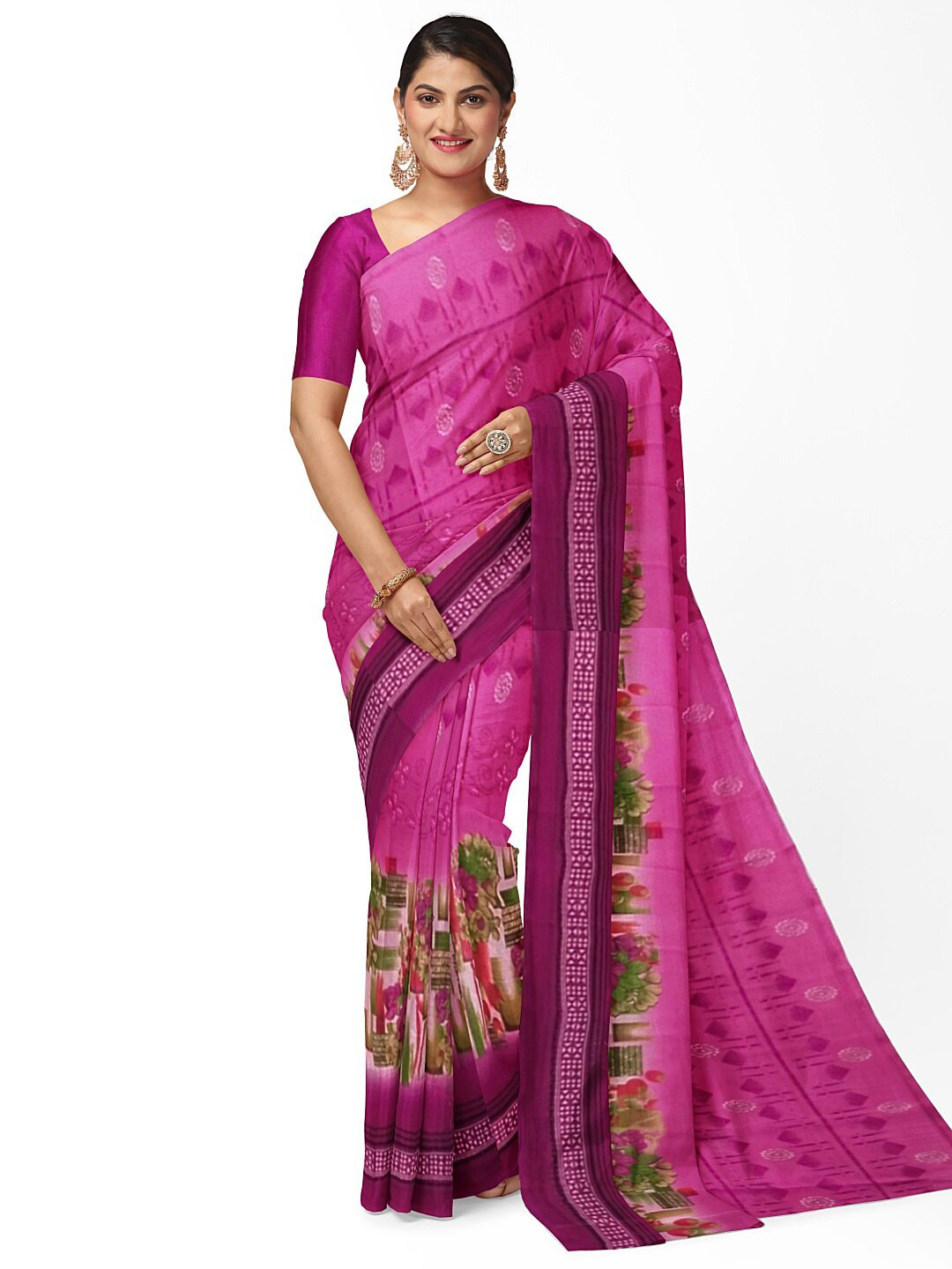 

SAADHVI Pink & Green Floral Pure Georgette Dharmavaram Saree