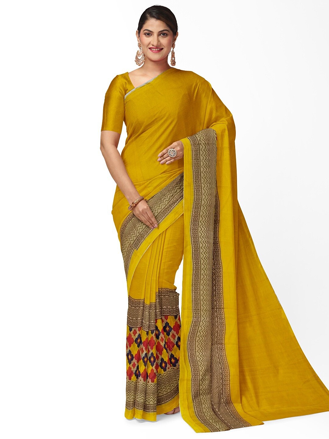 

SAADHVI Yellow & Beige Ethnic Motifs Pure Georgette Dharmavaram Saree