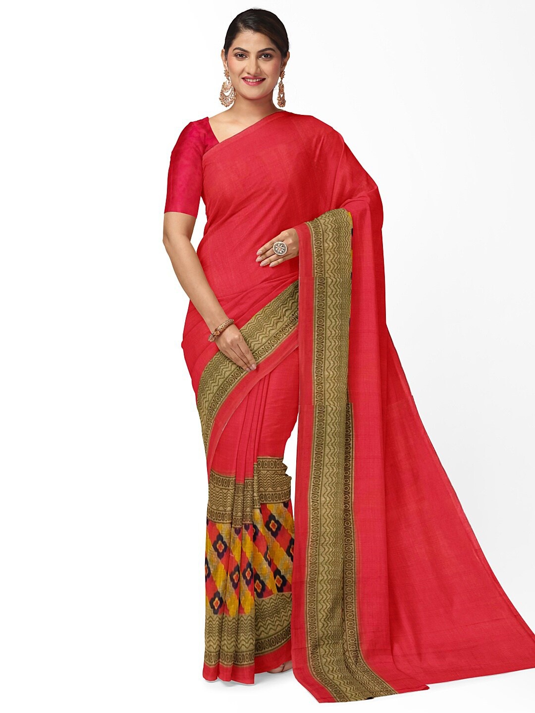 

SAADHVI Peach-Coloured & Yellow Ethnic Motifs Pure Georgette Fusion Dharmavaram Saree, Red