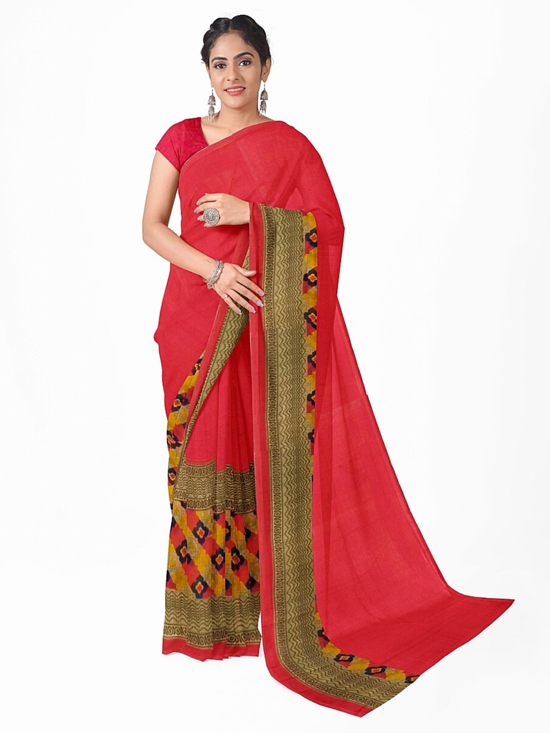 

SAADHVI Red & Peach-Coloured Ethnic Motifs Pure Georgette Dharmavaram Saree