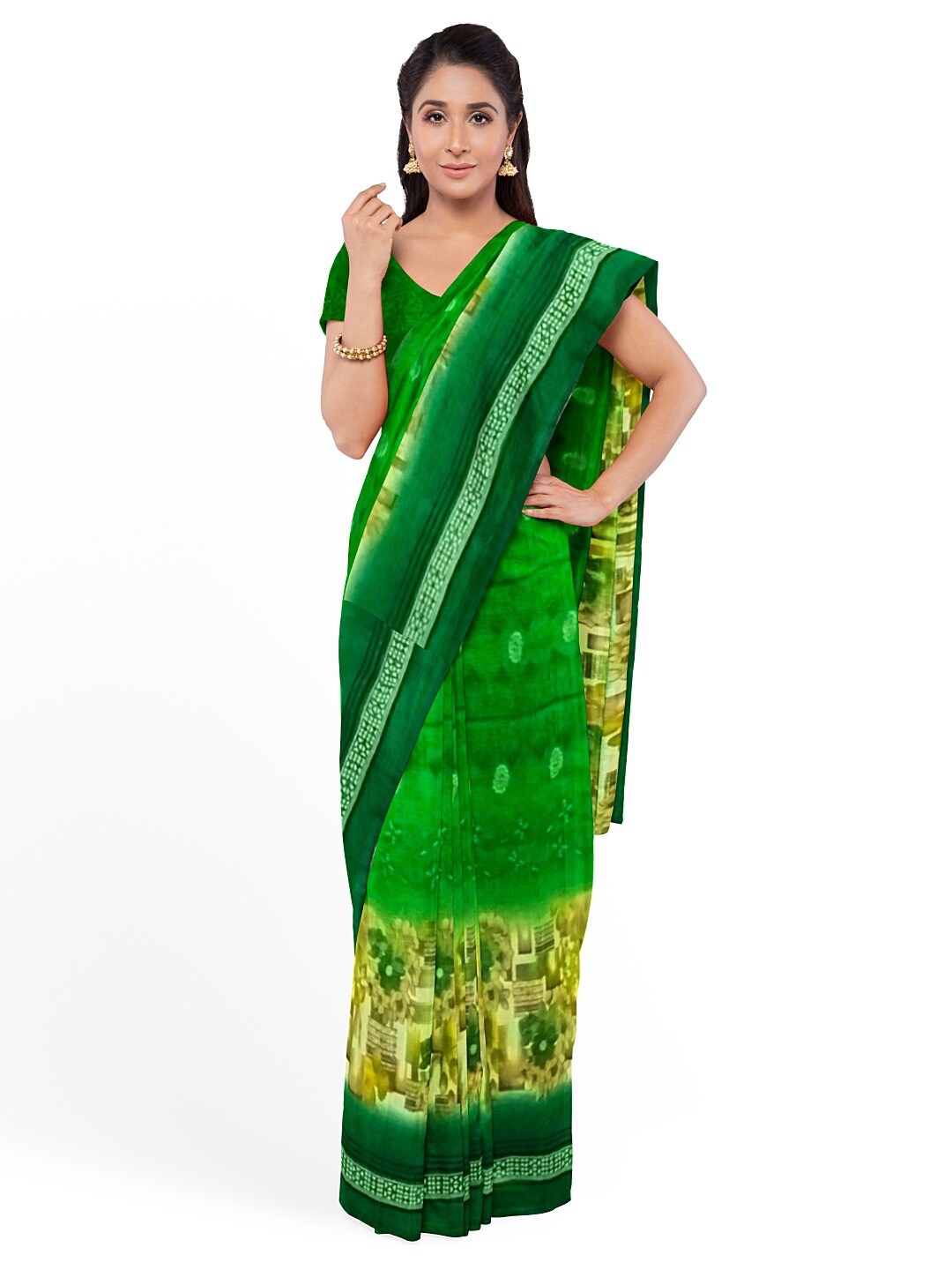 

SAADHVI Green & Beige Floral Pure Georgette Saree