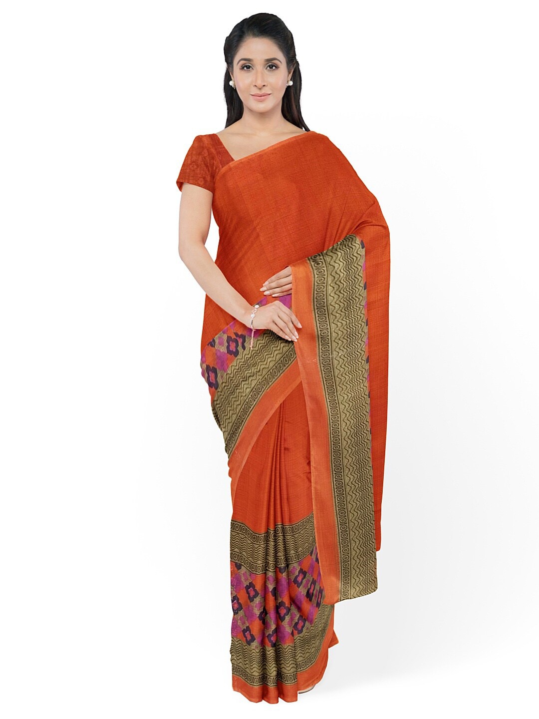 

SAADHVI Orange & Navy Blue Ethnic Motifs Pure Georgette Fusion Dharmavaram Saree