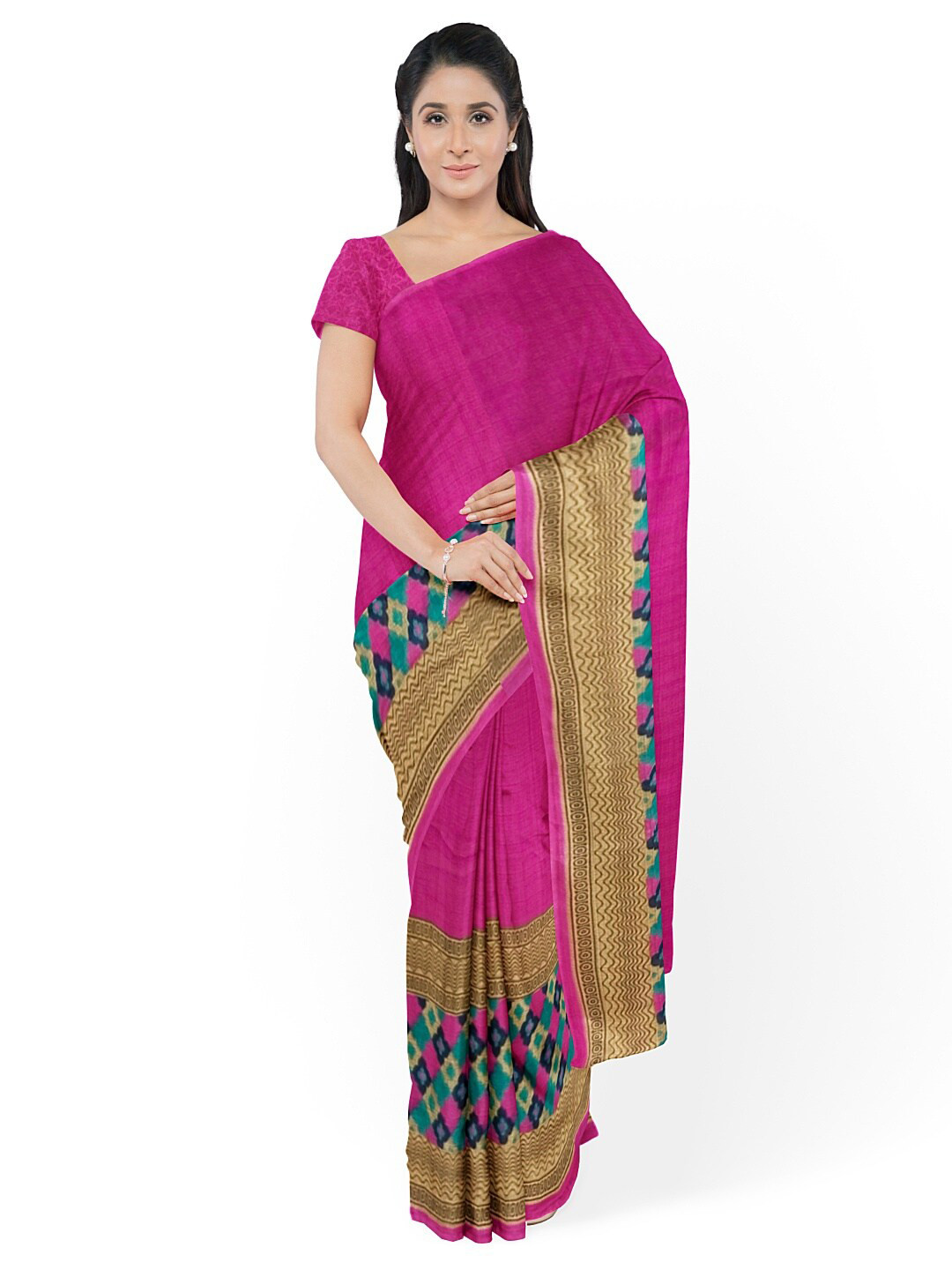 

SAADHVI Pink & Beige Ethnic Motifs Pure Georgette Fusion Dharmavaram Saree