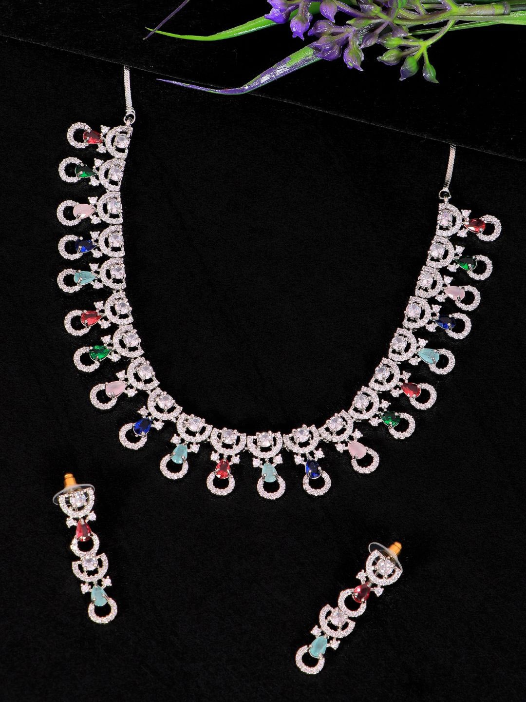 

SwaDev Women Silver-Plated White & Blue AD Studded Jewellery Set