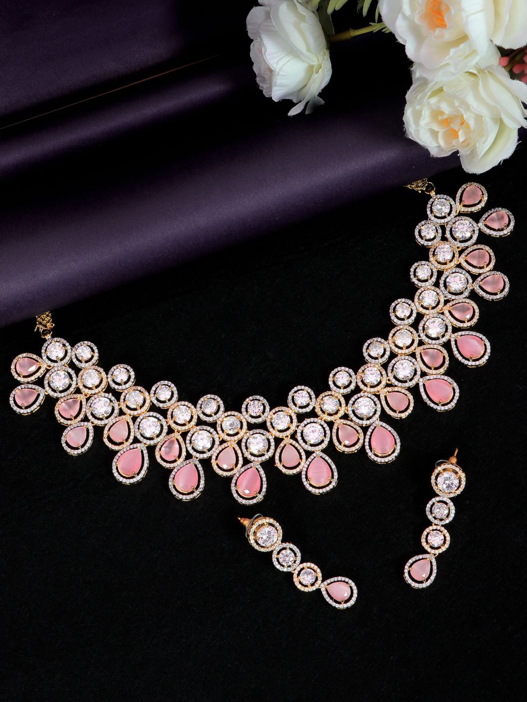 

SwaDev Women Silver-Plated & Pink American Diamond Studded Jewellery Set