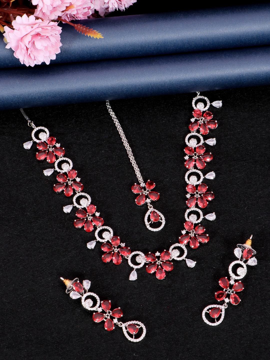 

SwaDev Women Silver-Plated White & Pink AD Studded Jewellery Set