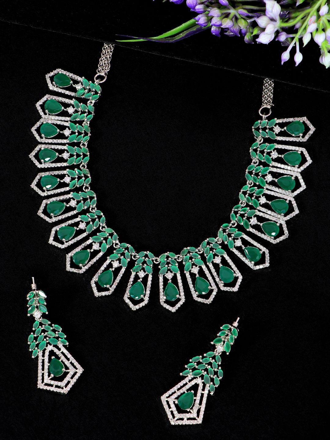 

SwaDev Women Silver-Plated & Green AD Studded Jewellery Set