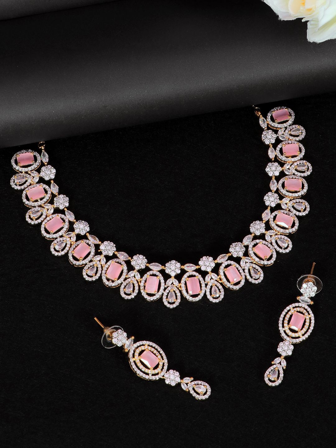 

SwaDev Silver-Plated Pink AD-Studded & Beaded Jewellery Set